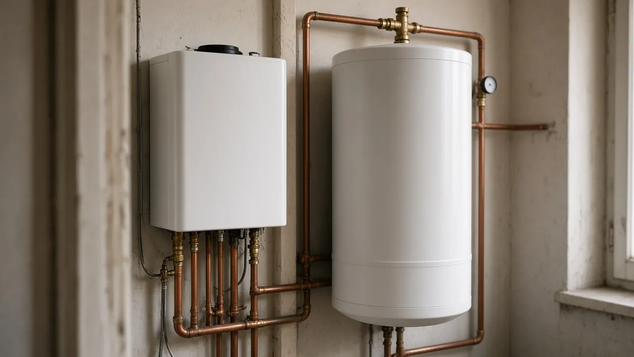 Chauffe-eau électrique mural dans le local technique d'une maison à Houilles