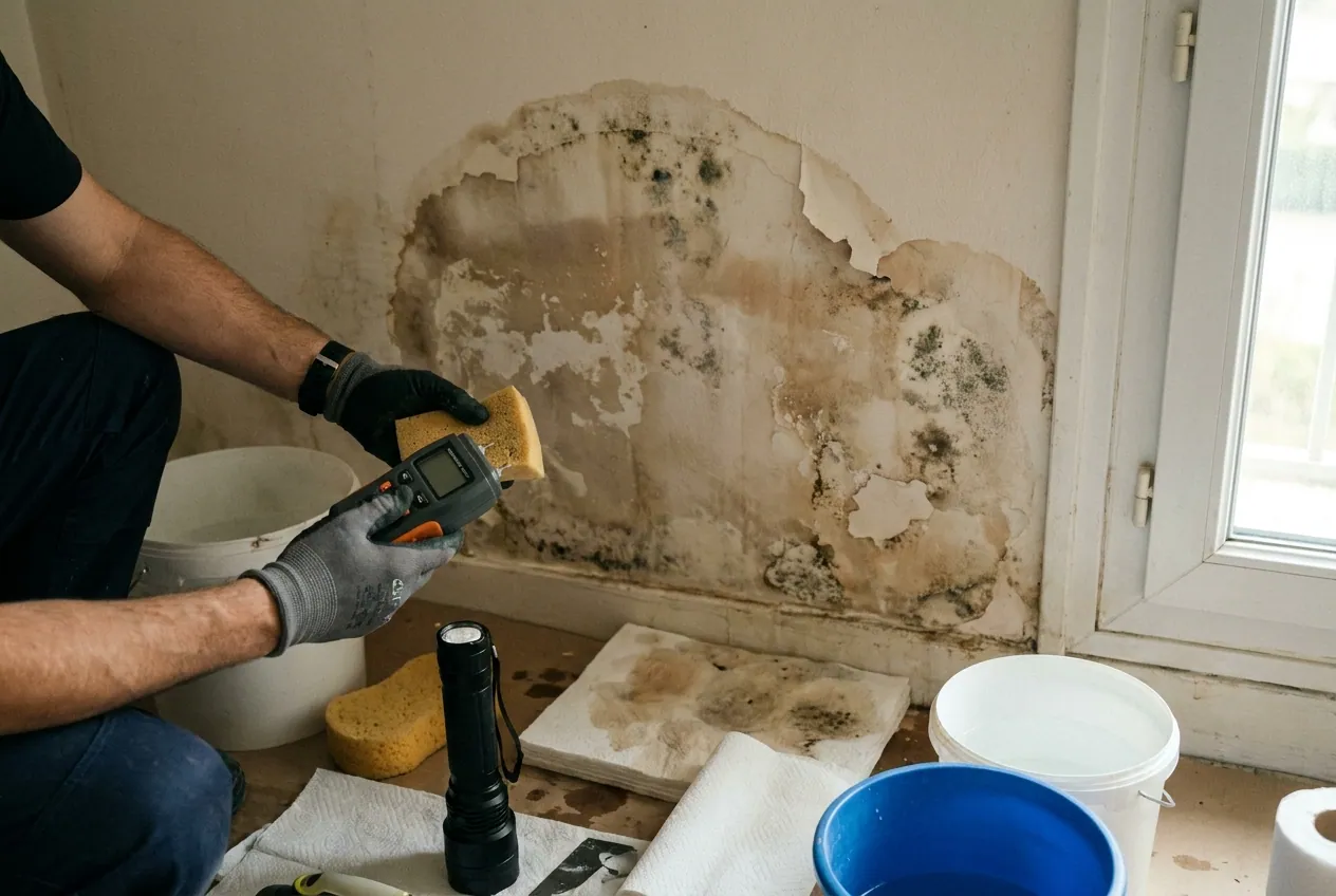 Trace d'humidité au plafond d'un appartement lors d'un dégât des eaux en copropriété à Houilles