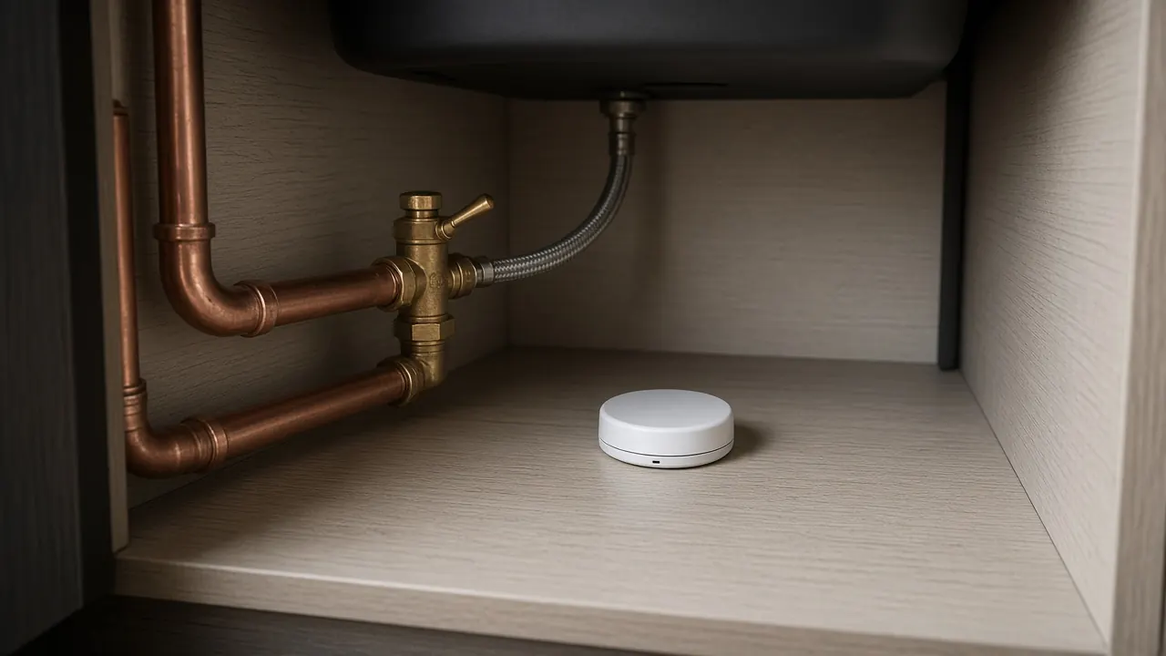 Détecteur de fuite d'eau connecté placé sous un évier dans une cuisine de Houilles
