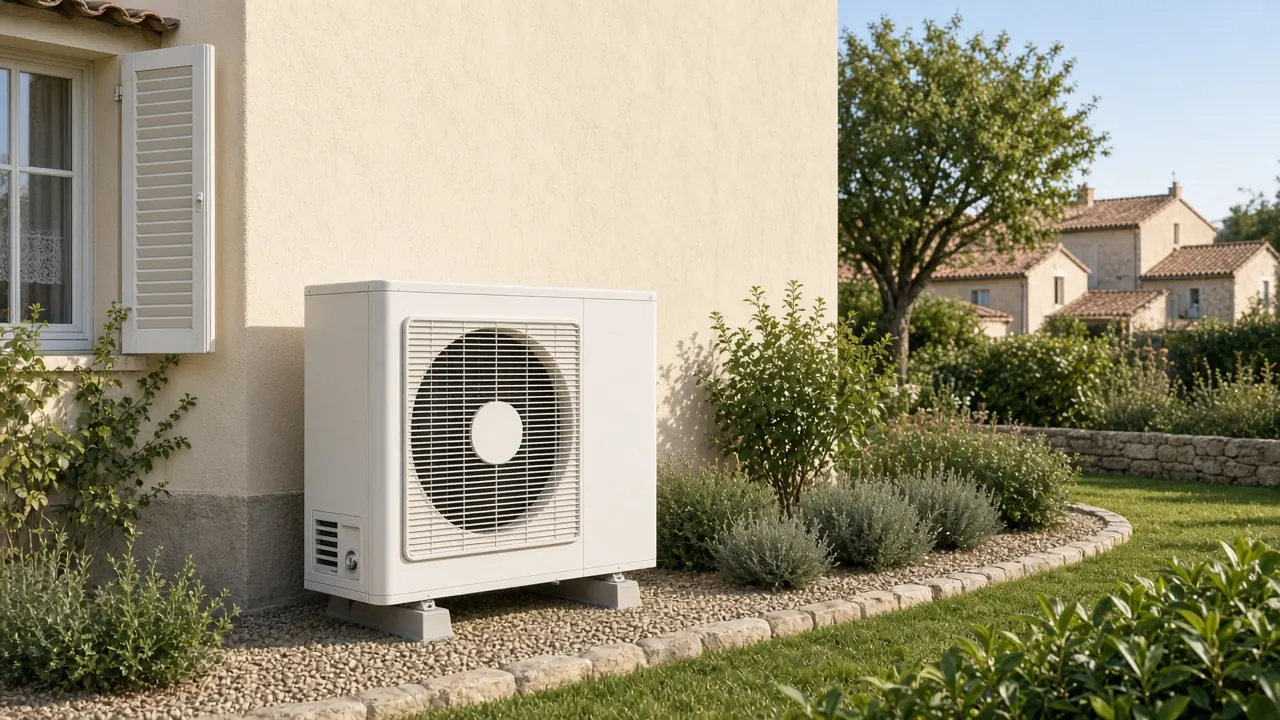 Unité extérieure de pompe à chaleur air-eau contre une maison à Houilles