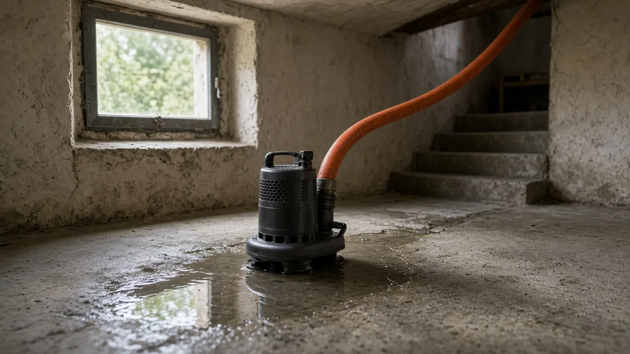 Pompe vide-cave submersible en place dans le sous-sol d'une maison à Houilles