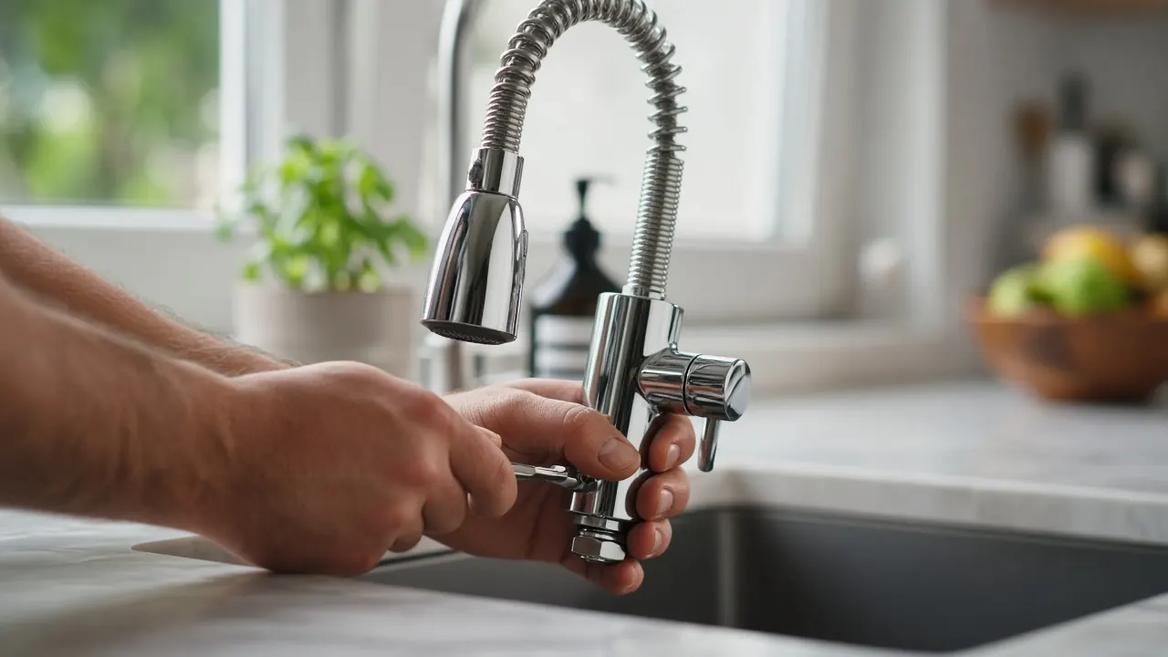 Mitigeur de cuisine haut de gamme en cours de pose dans une maison de Houilles