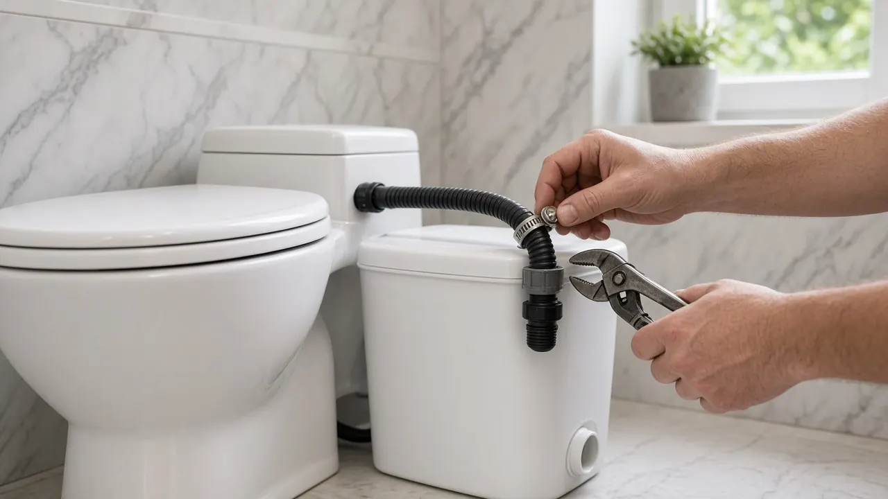Broyeur sanitaire posé derrière un WC dans une salle de bain de Houilles
